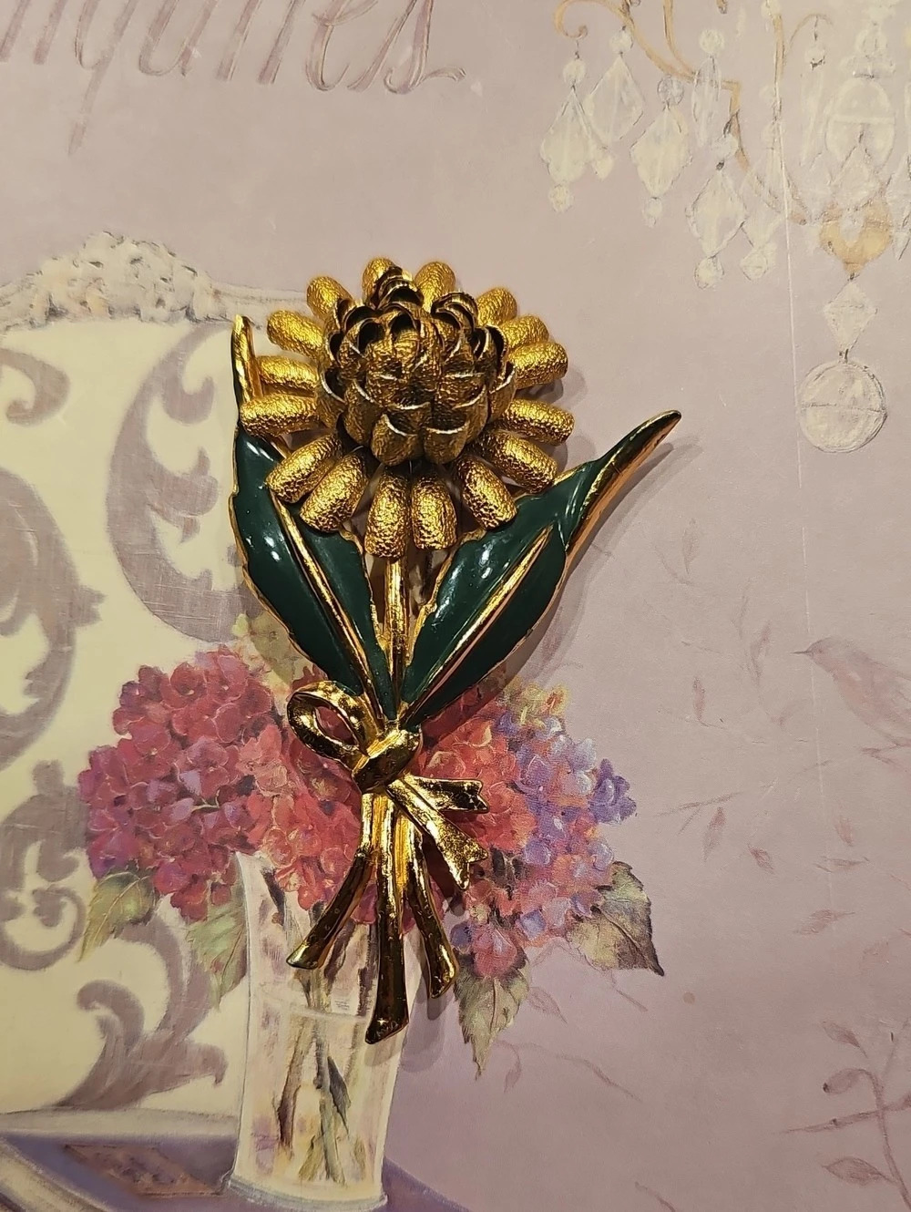 Vintage 1960s Gold Tone & Green Enamel Floral Bouquet Brooch Pin
